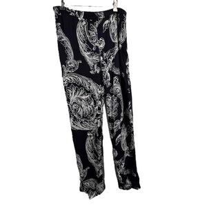 Stine Goya Dark Navy Blue Silky Wide Leg Floral Pattern Pants Elastic‎ Waist XS